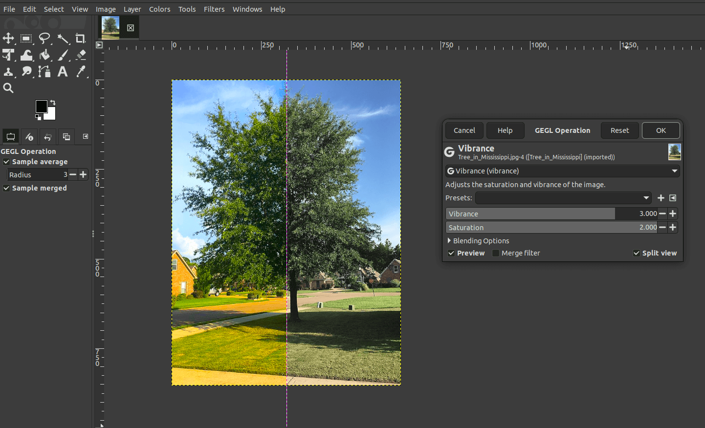 GIMP 3.2 applying the Vibrance filter as a non-destructive layer effect