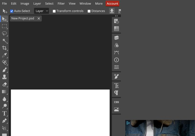 Photopea's editor in a browser tab: tools on the left, a new document, panels and an ad on the right