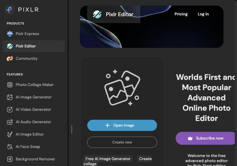 Pixlr Editor's start screen with its AI features and subscription prompt